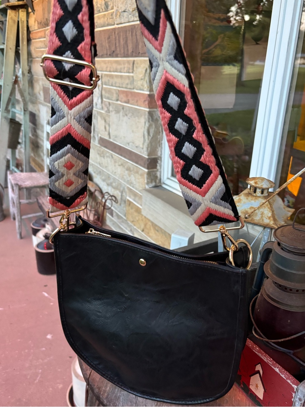 Ah Dorned Black Crossbody Bag with Embroidered Pink & Gray Guitar Strap